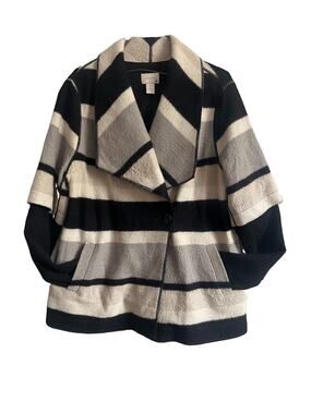 Chico’s 1 100% Wool Body Blanket Stripe Jacket Asymmetrical Lined M Black Gray